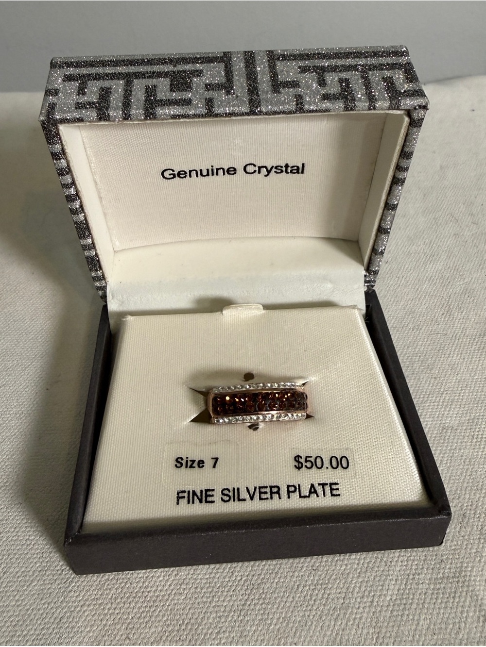 Fine Silver Plate Rose Gold Tone Brown Crystal Band Ring Size 7 With Box